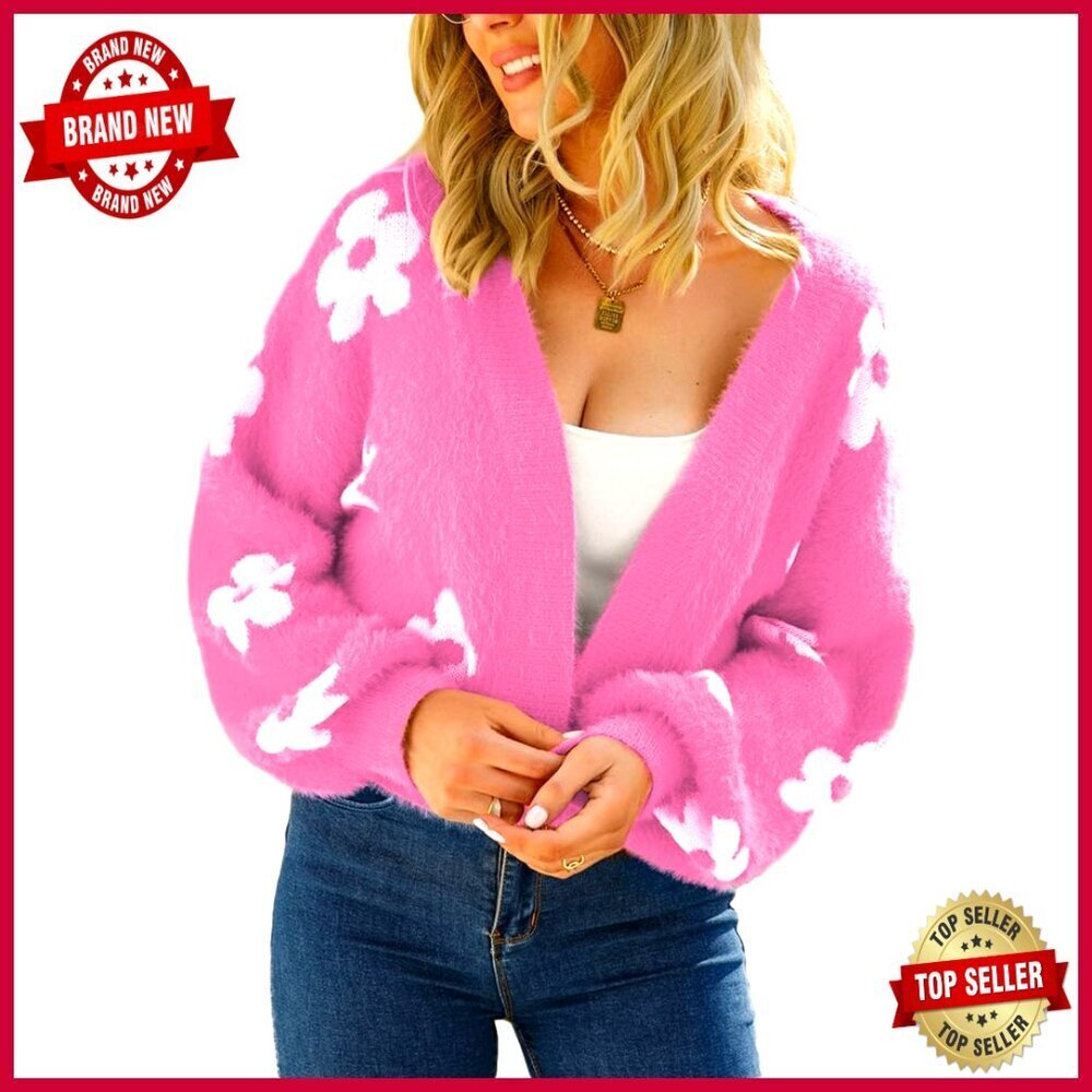 Cropped Cardigan Sweater Long Sleeve V-Neck Knit Top Loose Fit